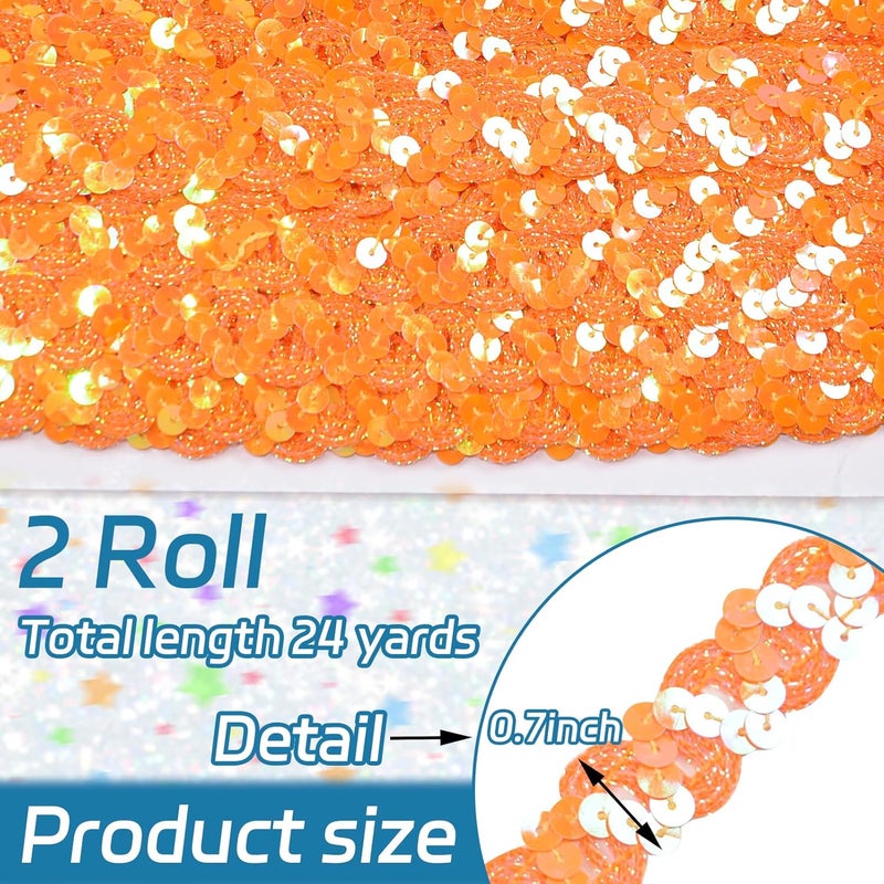 TACOLO Sequins Beaded Lace Trim, 24 Yards Flat Glitter Ribbon, 2 Rolls Orange PVC Sequins for DIY Crafts, Clothing, Headband, Embellishments - Image 2